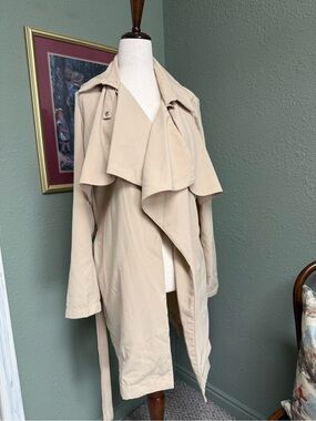 mark. Beige Draped Trench Coat with Self-Tie Belt